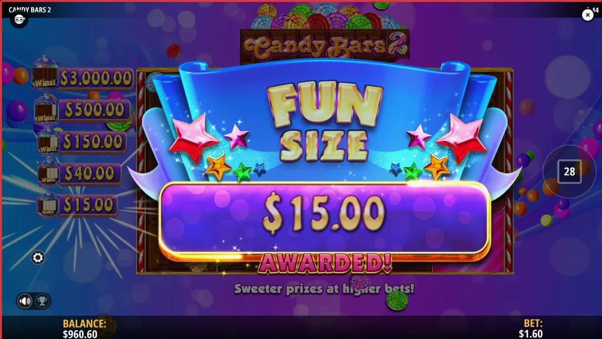 Interface colorida e vibrante do slot Candy Bars 2 com elementos de fábrica de doces