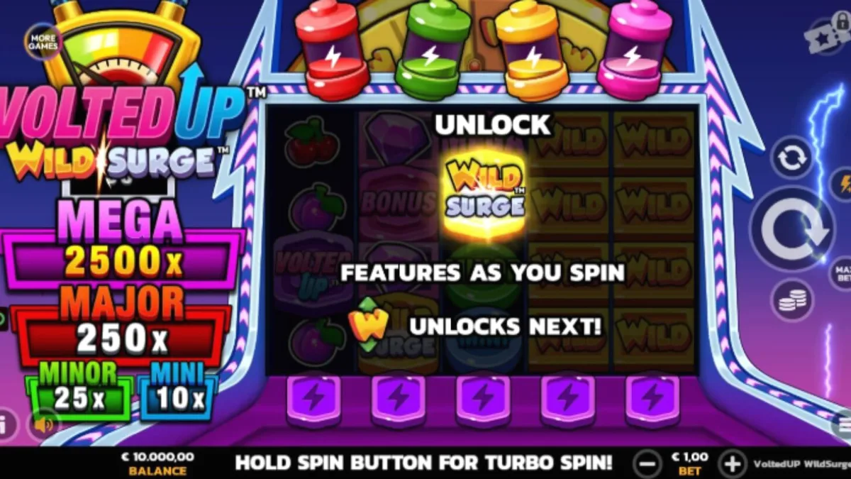 Interface neon e futurista do slot VoltedUP WildSurge com símbolos clássicos eletrificados