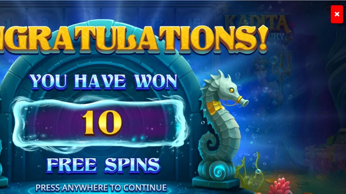 Cena subaquática vibrante com a deusa Kadita e símbolos de tesouros no slot Kadita Ocean Fury