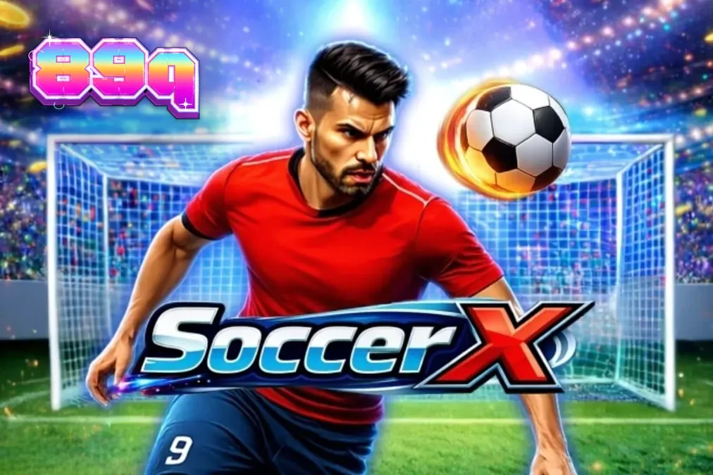 Interface de jogo do caça-níqueis SoccerX com tema de pênaltis